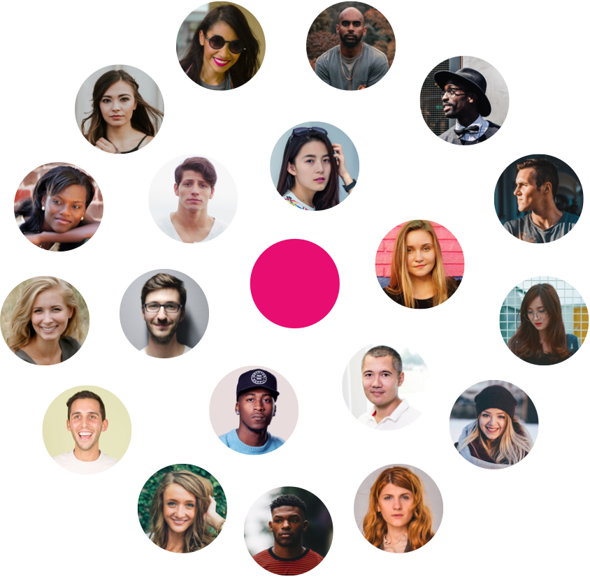 Pink dot and profile pictures Centered pink dot surrounded by consumers profile pictures
