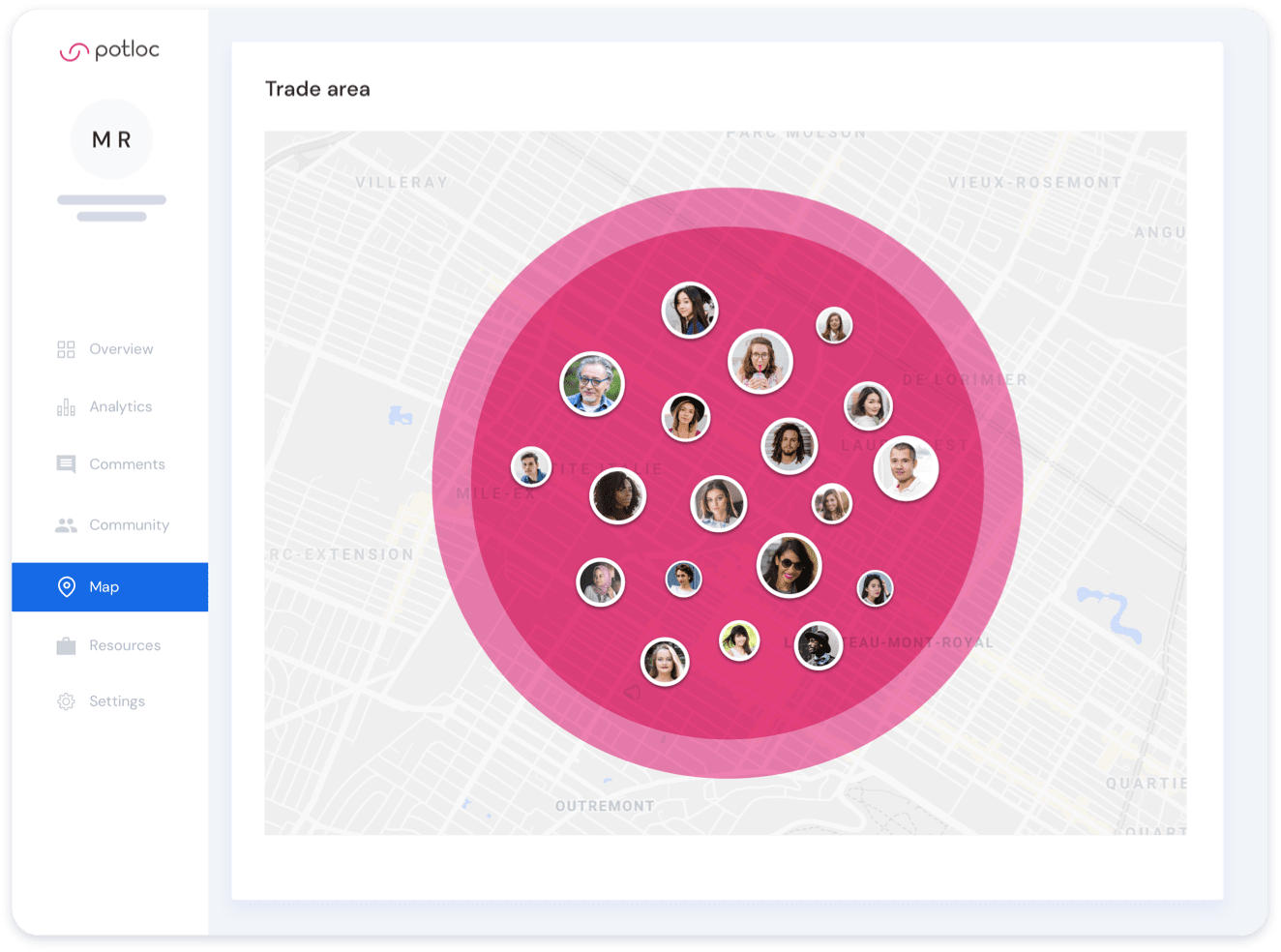 Geofencing survey respondents Potloc dashboard mockup displaying consumers being highly geofenced in a specific area