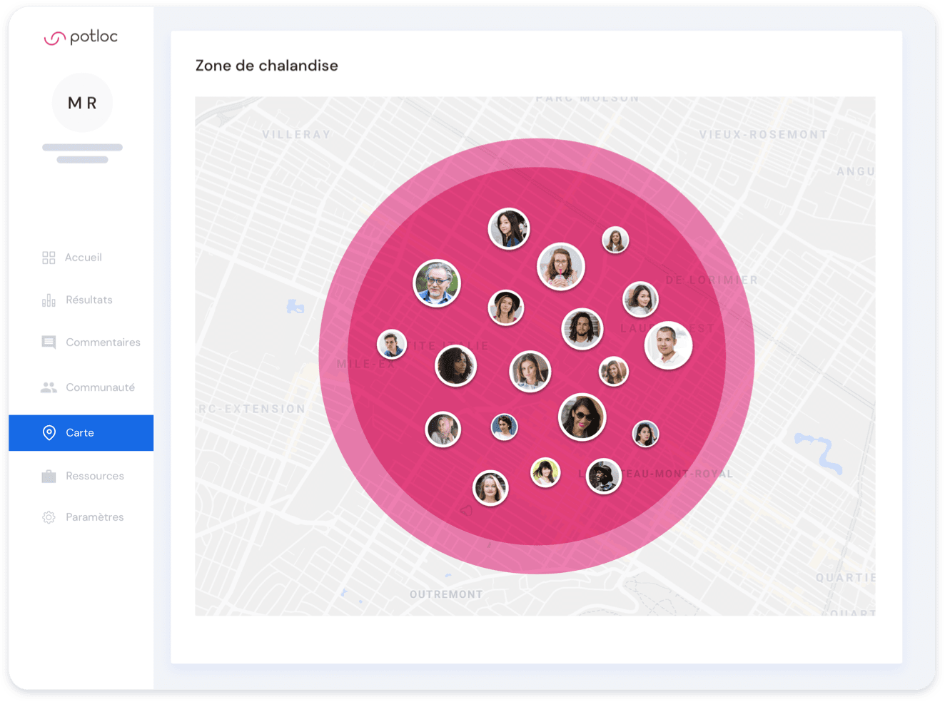 Geofencing survey respondents Illustration du dashboard Potloc représentant des consommateurs étant géociblée dans une zone spécifique