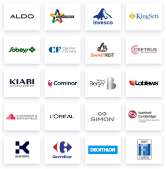 Logo customers Logos of L'Oreal, Aldo, Mall of America, Invesco, Cushman & Wakefield, Decathlon, Sobeys, CF Cadillac Fairview, SmartReit,Simon, KingSett Capital, Kiabi, Cominar, Roland Berger, Klepierre, First Capital, Carrefour, Ceetrus, Loblaws, Ivanhoe Cambridge