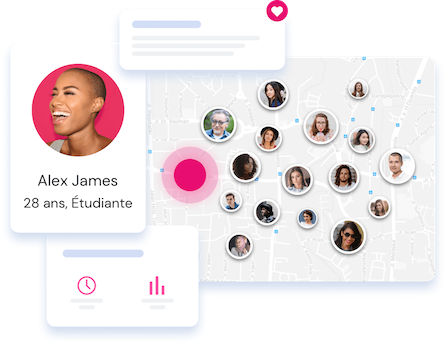 Étude consommateur ultra-ciblée Photos de profil de personnes placés sur une carte, se focalisant sur une personne en particulier détaillant son profil et ses sentiments