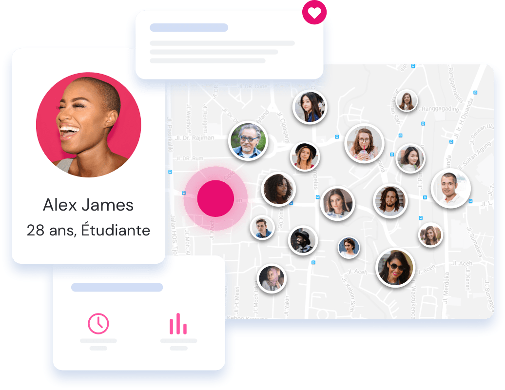 Étude consommateur ultra-ciblée Photos de profil de personnes placés sur une carte, se focalisant sur une personne en particulier détaillant son profil et ses sentiments