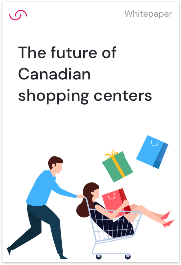 White paper - The future of Canadian shopping centers Cover of whitepaper for the future of Canadian shopping centers illustrating a women inside a shopping cart driven by a man