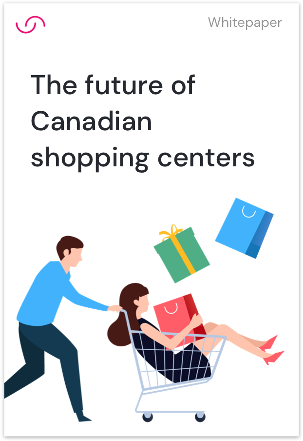 White paper - The future of Canadian shopping centers Cover of whitepaper for the future of Canadian shopping centers illustrating a women inside a shopping cart driven by a man